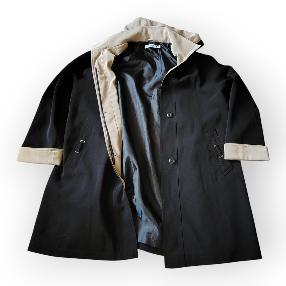 CONTEMPORAINE. Women's Black Trenchcoat With Beige Cuffs On Sleeve Size Large. - Picture 4 of 14